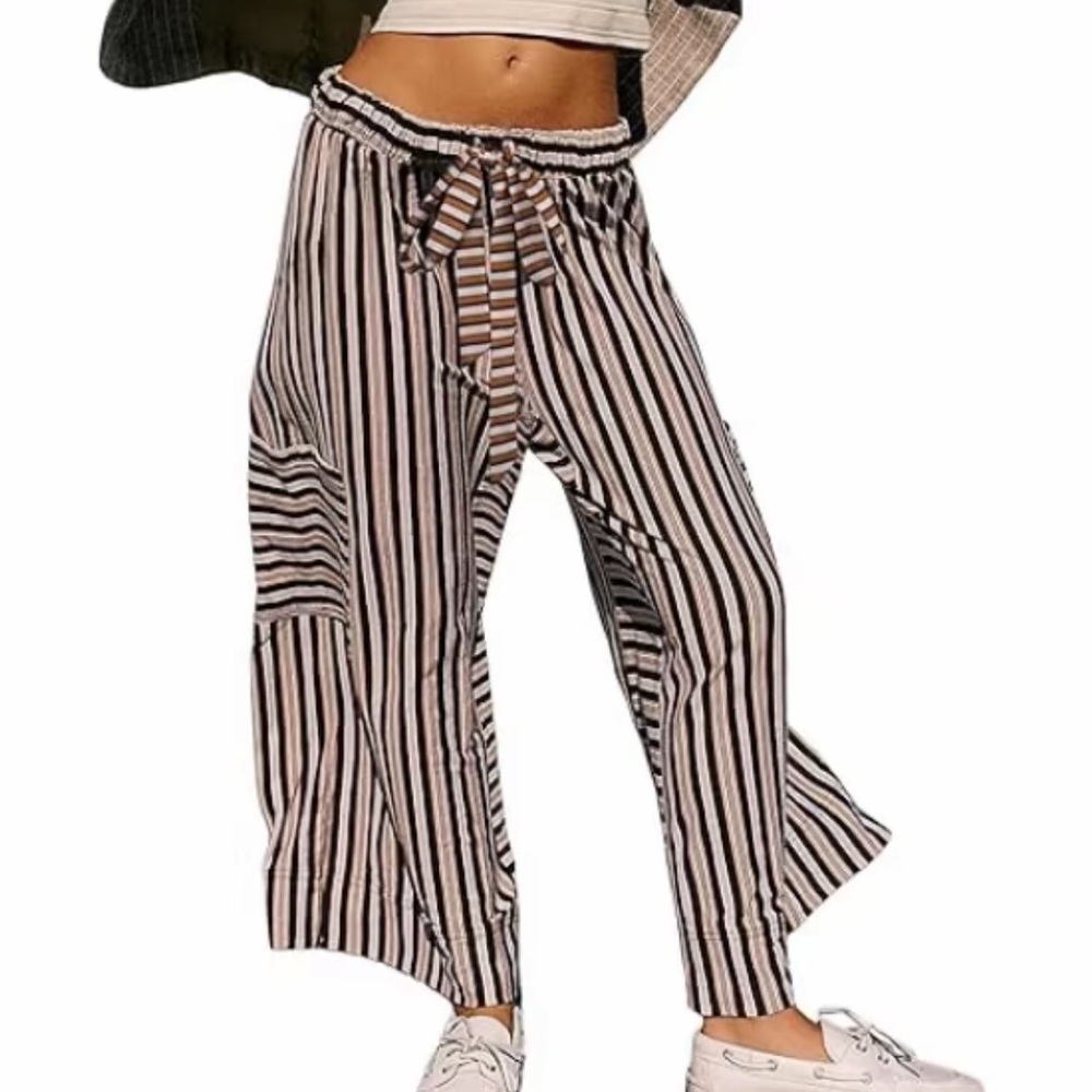 Black Striped Tie Waist Loose Pants NWT